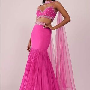 Fuschia Pink Lehenga And Hand Embroidered Blouse Set In Crepe
